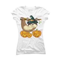 Junior's Design By Humans Funny Witch Sloth With Jack O Lantern Halloween T-Shirt By Thebeardstudio T-Shirt -Design By Humans GUEST 07fca275 4bff 443f 8cef c777f105d5dc