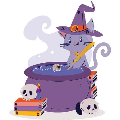 Girl's Design By Humans Halloween Kitty Cauldron By Machmigo T-Shirt 1 Girl's Design By Humans Halloween Kitty Cauldron By Machmigo T-Shirt