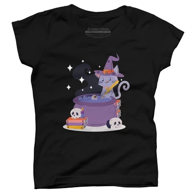 Girl's Design By Humans Halloween Kitty Cauldron By Machmigo T-Shirt 3 Girl's Design By Humans Halloween Kitty Cauldron By Machmigo T-Shirt - Image 3