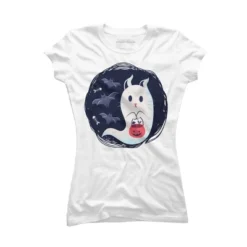 Junior's Design By Humans Halloween Ghost Cat By ArtStyleAlice T-Shirt -Design By Humans GUEST 3409dc73 2665 408f b00c c32c401c3d38