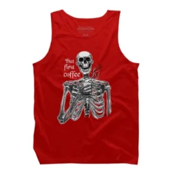 Men's Design By Humans Halloween Skeleton Drinking Coffee. But First Coffee By MelazergDesign Tank Top -Design By Humans GUEST 43999b35 f844 4bd7 b5bb 9fcddc338b9a