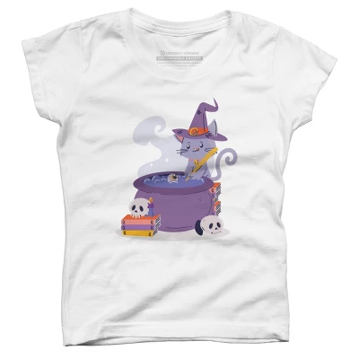 Girl's Design By Humans Halloween Kitty Cauldron By Machmigo T-Shirt 2 Girl's Design By Humans Halloween Kitty Cauldron By Machmigo T-Shirt - Image 2