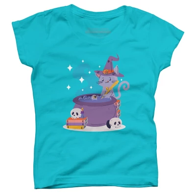 Girl's Design By Humans Halloween Kitty Cauldron By Machmigo T-Shirt 4 Girl's Design By Humans Halloween Kitty Cauldron By Machmigo T-Shirt - Image 4