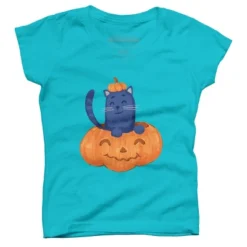 Girl's Design By Humans Halloween Cat In A Pumpkin By Wubbadub T-Shirt -Design By Humans GUEST 750ab194 110f 48de a345 bf452d8bef3b
