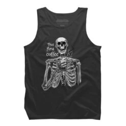 Men's Design By Humans Halloween Skeleton Drinking Coffee. But First Coffee By MelazergDesign Tank Top -Design By Humans GUEST 805c8d0f d942 4607 8ebd 80a5f3485024