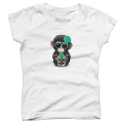 Girl's Design By Humans Blue Day Of The Dead Sugar Skull Baby Chimp By Jeffbartels T-Shirt 4 Girl's Design By Humans Blue Day Of The Dead Sugar Skull Baby Chimp By Jeffbartels T-Shirt - Image 4