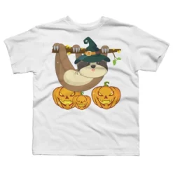 Boy's Design By Humans Funny Witch Sloth With Jack O Lantern Halloween T-Shirt By Thebeardstudio T-Shirt -Design By Humans GUEST 95ef0070 8ef3 4d29 b640 9c5c55ef539b